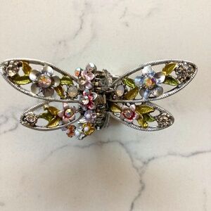 Wien Dragonfly Hair Clip w/ Swarovski Crystals, Silvertone, Enamel Blue, Yellow
